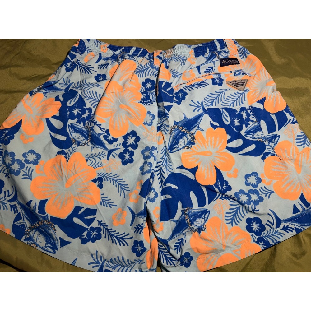 Columbia PFG Mens Blue Orange Hibiscus Marlin Fishing Shorts Size Med Omni-Shade - Picture 2 of 6
